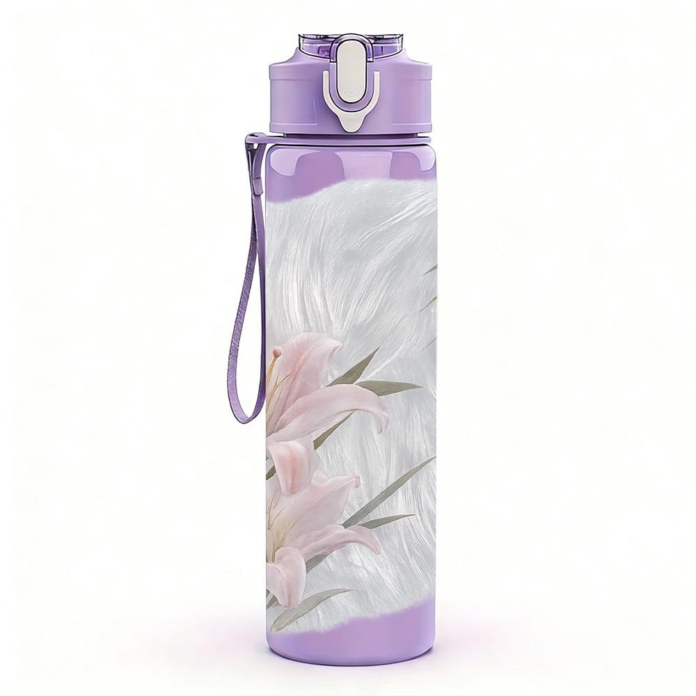 1PC Pale White Lily Flower Art Print 750ml Color Plastic Sports Water Bottle Leakproof Flip Straw Lid Suitable for Sports Office Home Use