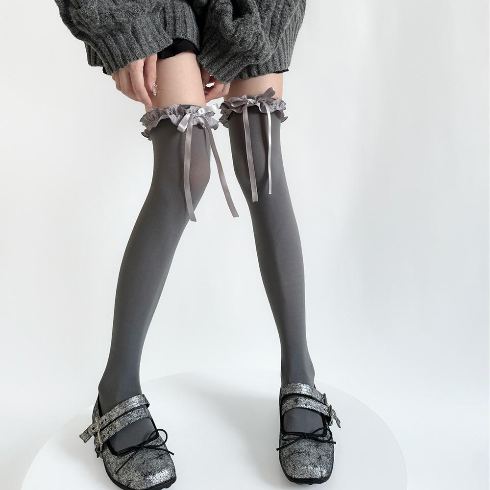 

Sexy Sweet Soft Thigh High Stockings JK Lolita Style for Girl Long Socks Stockings Lace Bowknot Knee High Socks серый