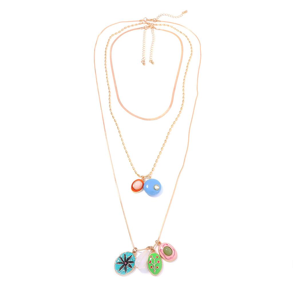 Fashion and Art Drop Oil Geometric Painted Pendant Multi-layer Necklace Elegant Versatile Daily Commuter Vacation Woman