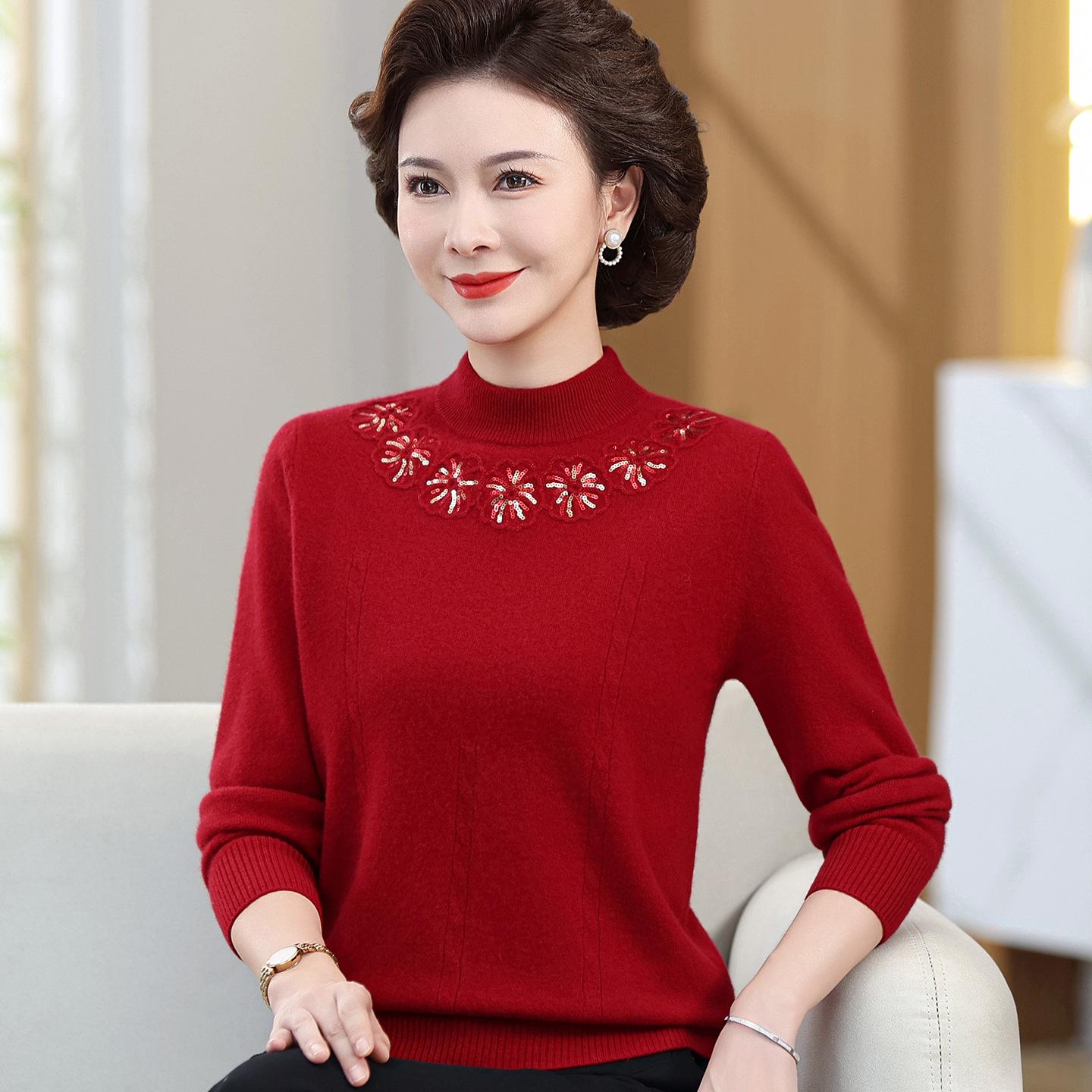 

Women s Autumn/Winter 100% Pure Wool Sweater - Half-High Neck Knitted Base 4XL (145-155 lbs) вина червоного кольору