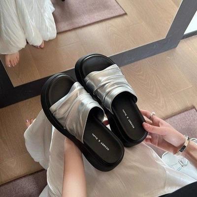 Thick-soled Heightened Wrinkled Leather One-word Slippers Women's Summer 2025 New Outer Wear Soft Leather Soft Waxy Muffin Bottom Sandals