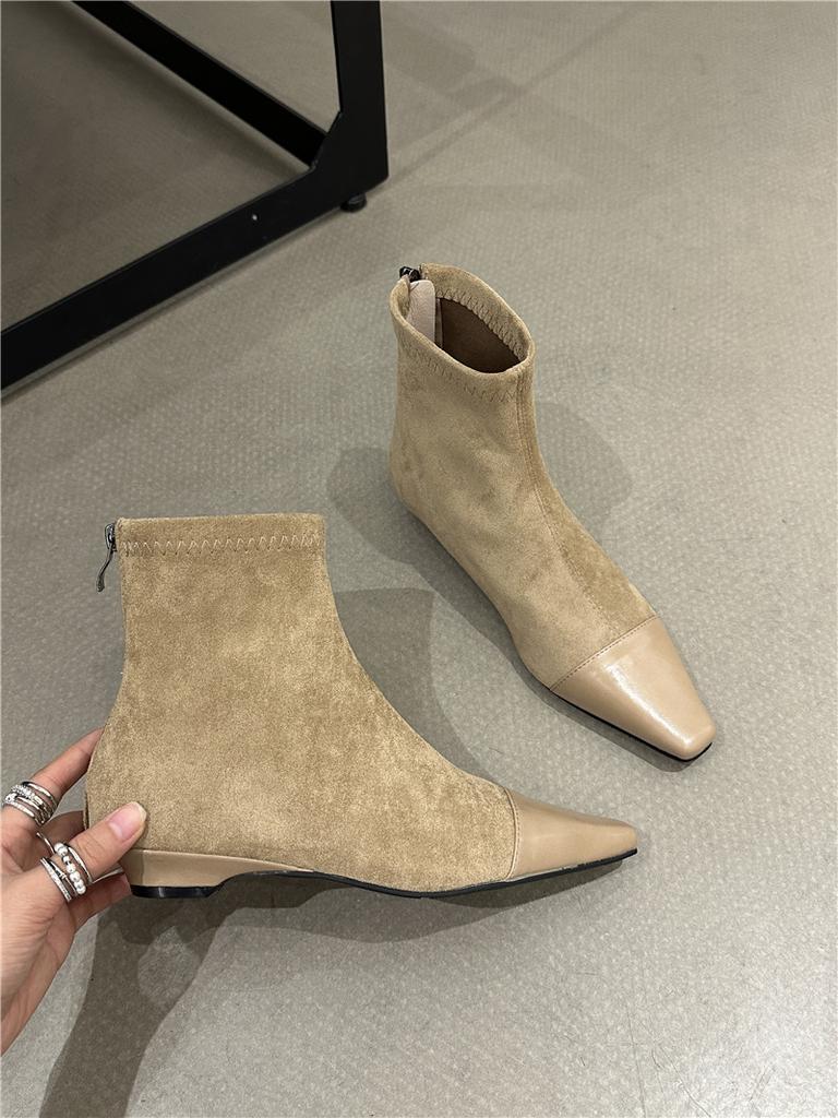 French Splicing Square Head Thick Heel Short Boots Women's 2025 Autumn and Winter New Suede Temperament Medium Heel Thin Boots Socks Boots Women's B