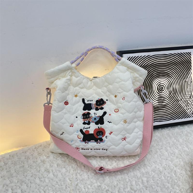 2 Cartoon Embroidery Soft Cute Messenger Bag Large Capacity Shoulder Tote Bag Quilting Cotton Commuter Tote Bag