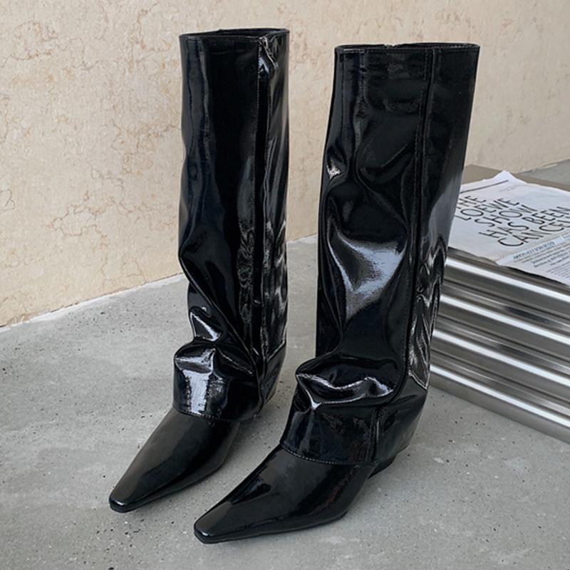 Fashion 2025 Autumn Winter Women Knee High Boots Fashion Female Pointed Toe Wedges Shoes Zipper Shoes Ladies Modern Chelsea Boots