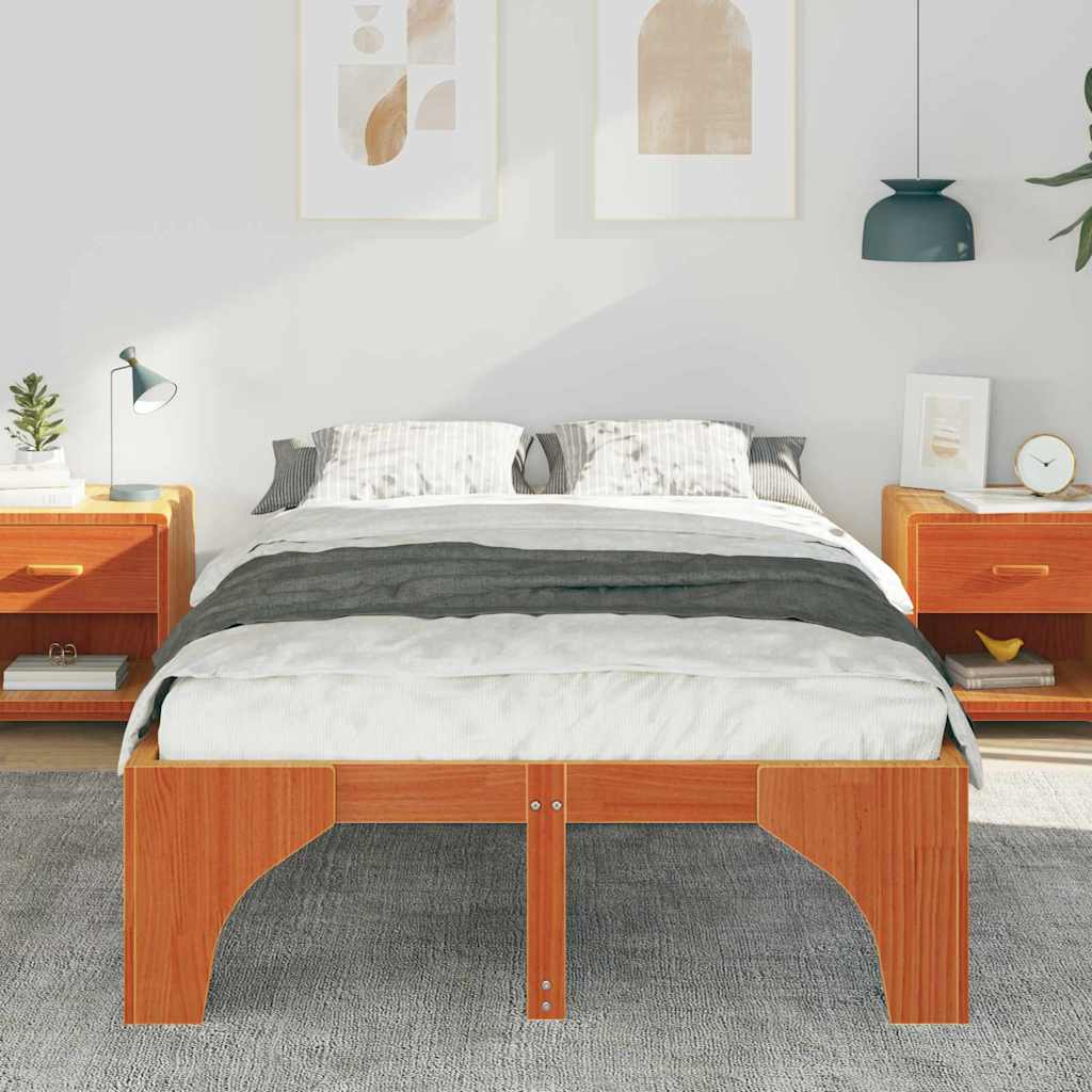 Brown Bed Frame 140 x 190 cm Solid Pine Wood