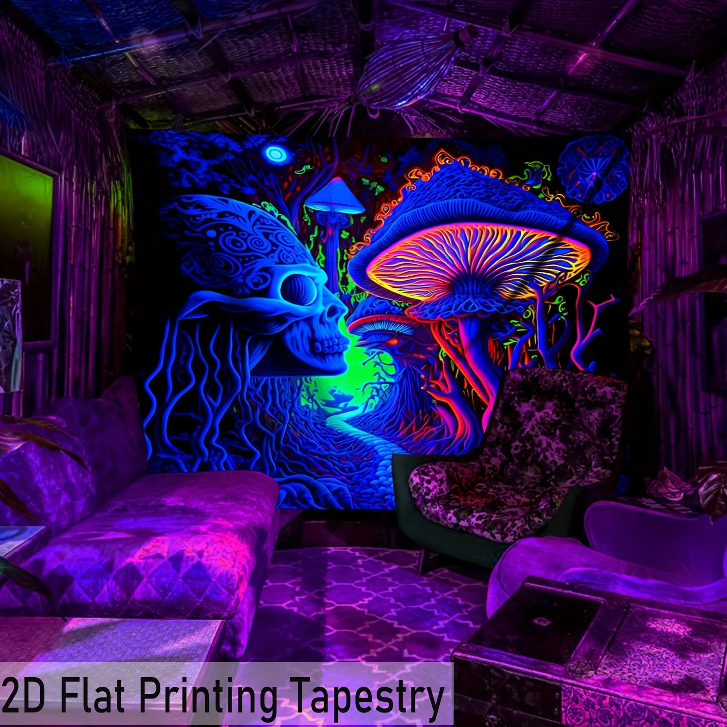Black Light psychedelic Forest Mushroom Tapestry UV Sensing Dreamy Wall Hanging Living Room Bedroom Home Decoration 100X70CM