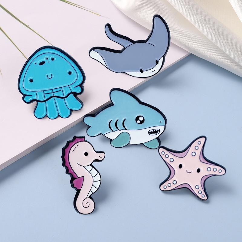 Marine Life Cartoon Brooch Set: Shark, Jellyfish, Seahorse, Starfish