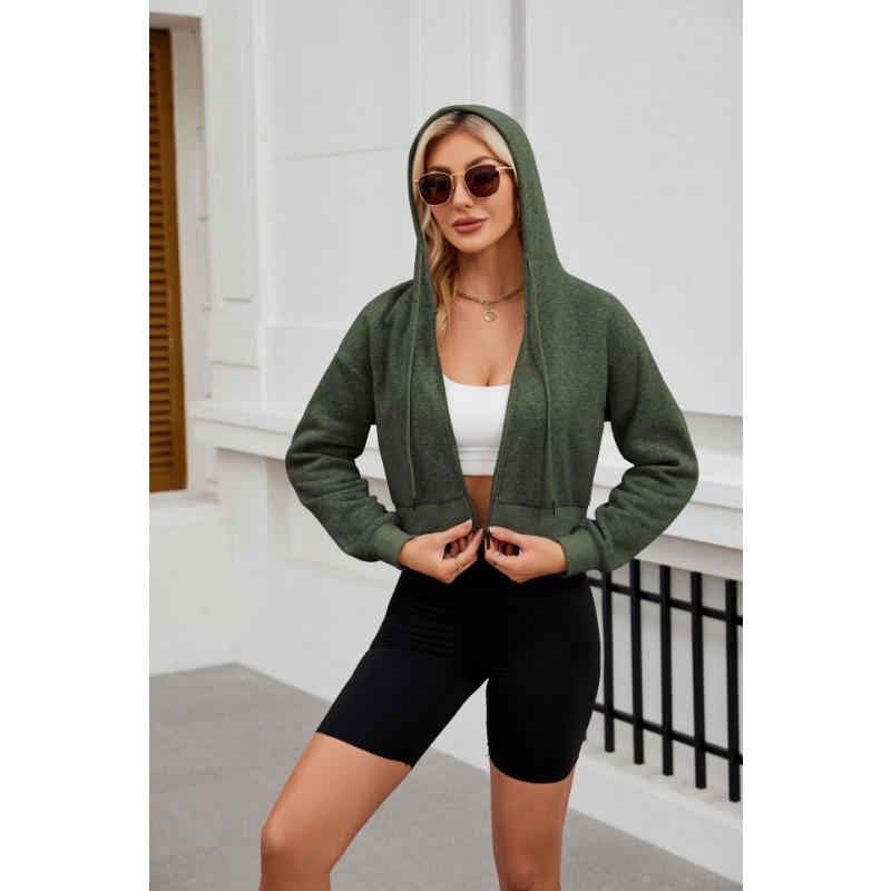 

Осенне-зимняя женская модная однотонная короткая толстовка с капюшоном и завязками на молнии с длинным рукавом S армия зеленый
