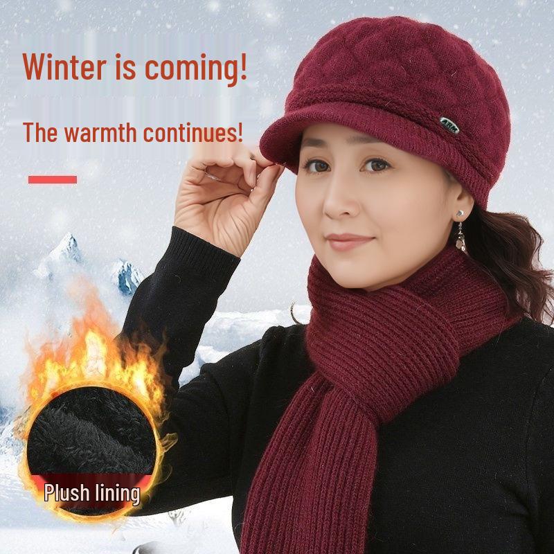 Women's Winter Warm Knitted Beret & Scarf Set - Velvet-Lined for Middle-Aged & Elderly