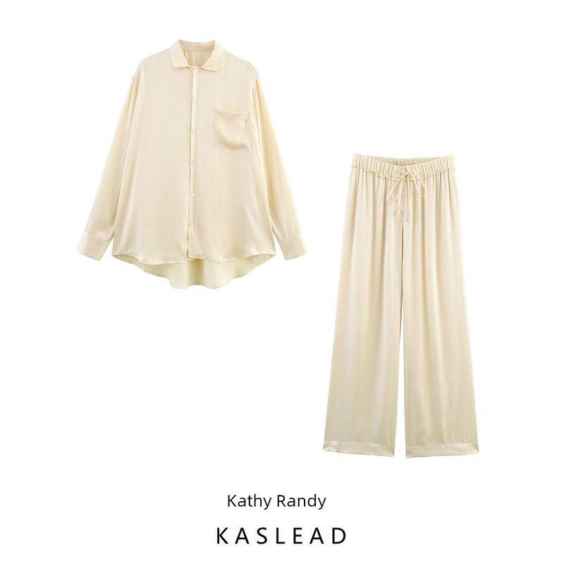 Kaslead New Arrival Women's Fashion Air Outlet Pocket Decoration Satin Shirt Casual Pants 7823147 7824147