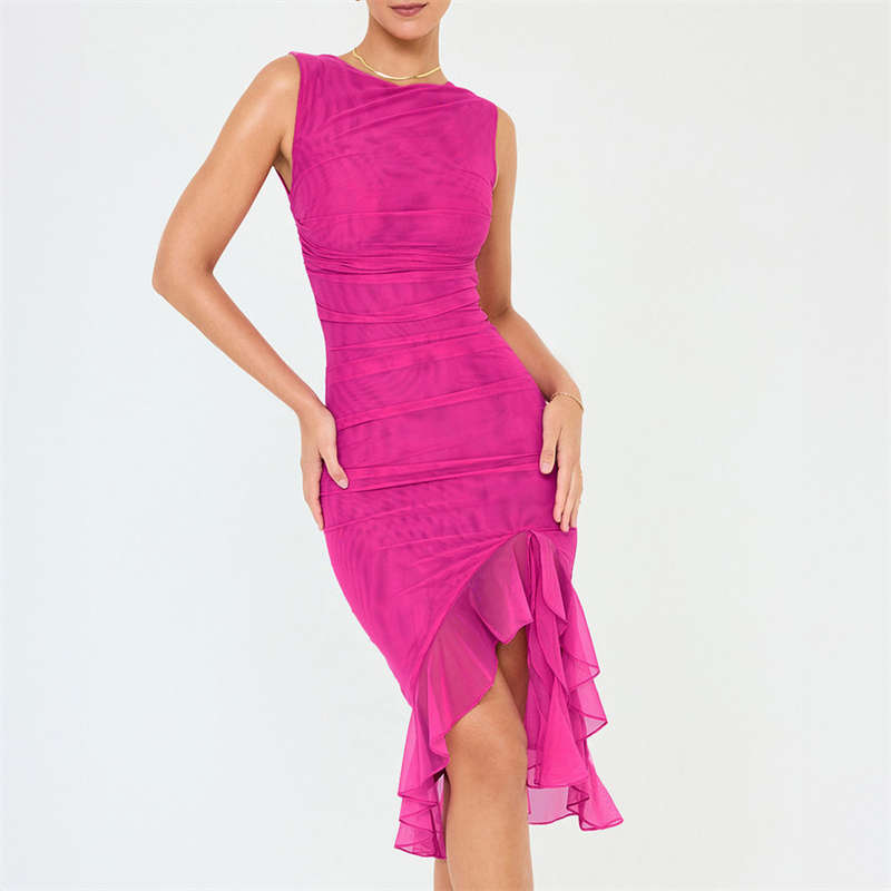 Dámské oblečení šaty bez zad pro mládež Stáhněte si pas Kulatý výstřih Jednobarevné Bez rukávů