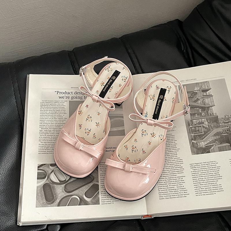 Fairy style bow women's wedge heel single shoes wear summer open-toed square head with skirt temperament high-heeled slippers tide