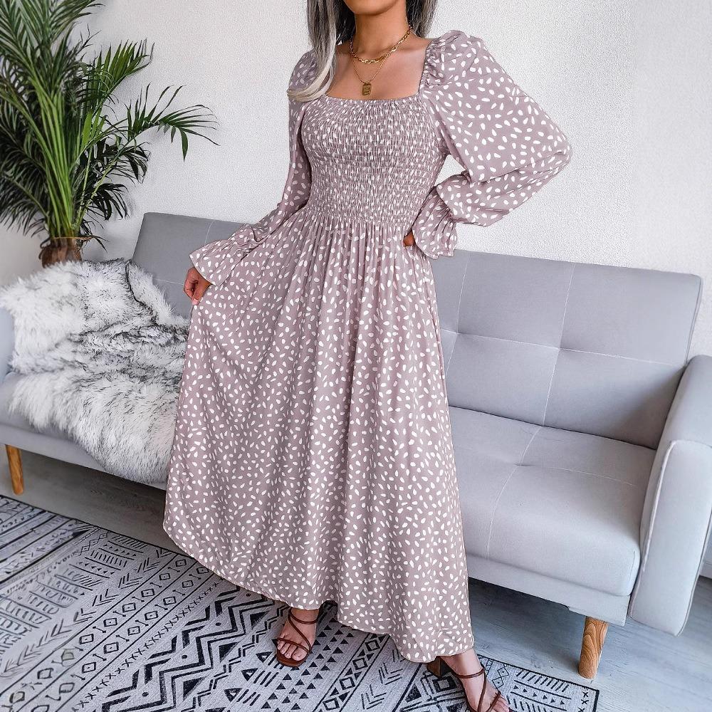 Printemps Été Robe de Vacances en Coton à Manches Longues et Col Carré Plissée Longue Robes pour Femmes