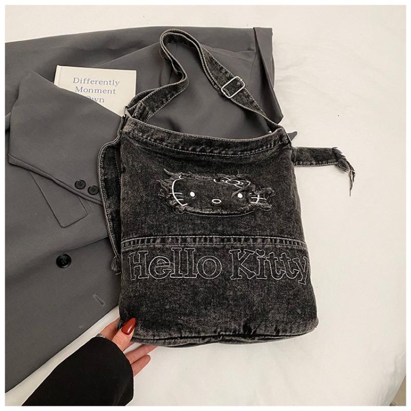 

Cartoon casual trend denim bag new versatile large capacity shoulder messenger tote bag чёрный