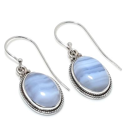 Natural Blue Lace Agate Gemstone 925 Solid Sterling Silver Earring 1.25" V9q57