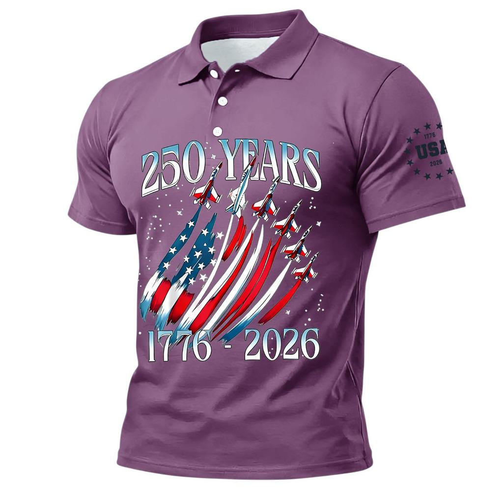 Men's Polo Shirt Short Sleeve 250 Years 1776 2026 Printed USA Flag Aircraft Graphic Casual Top