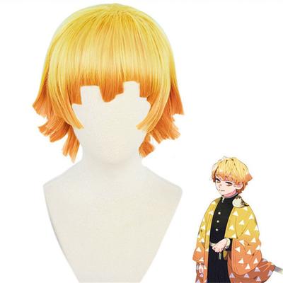 Peluca de cosplay de Anime Zenitsu Agatsuma, corta, dorada, resistente al calor, con gorro