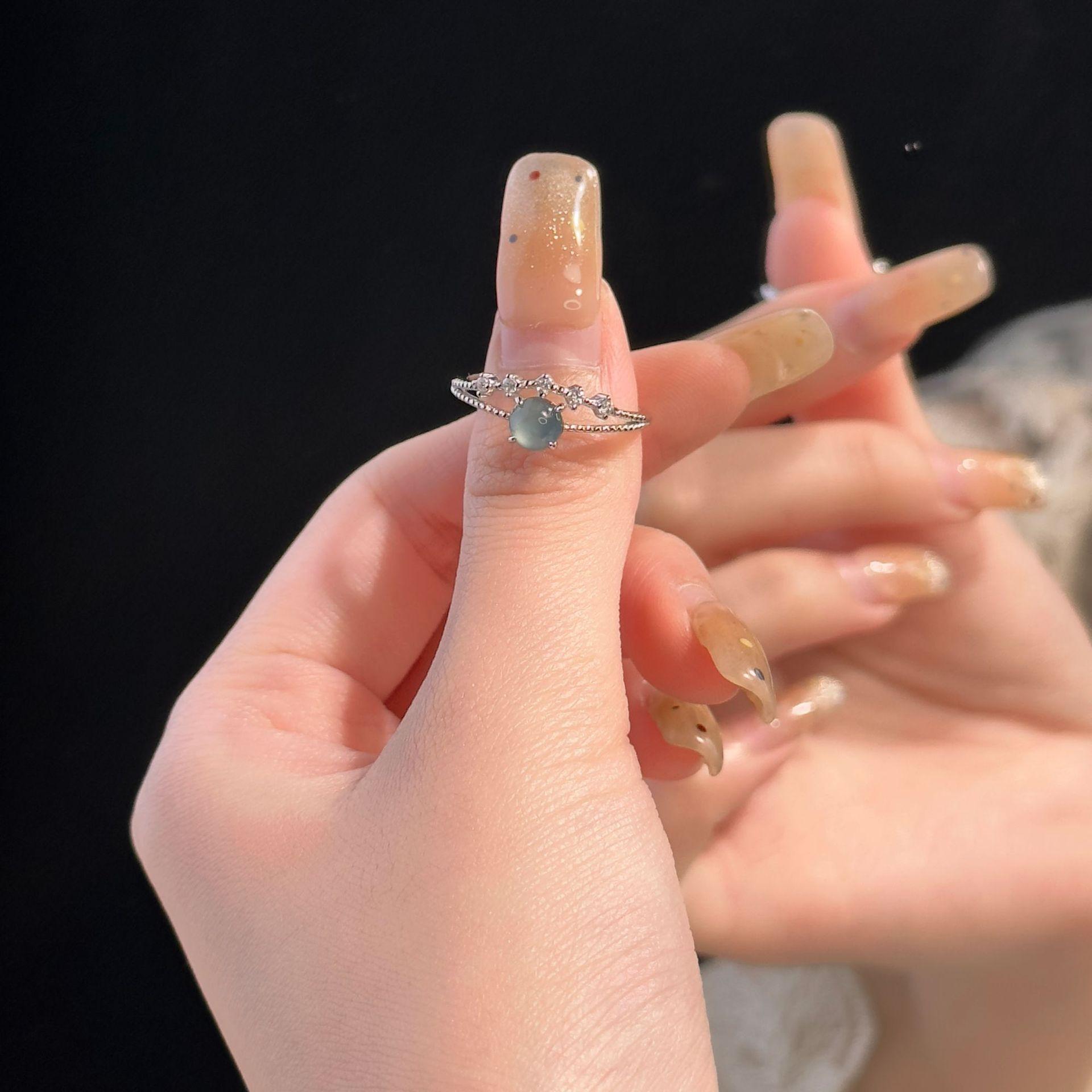 Natural Guizhou blue-water jadeite design ring S925 pure silver inlaid high-end niche ring Xiaohongshu bestseller adjustable opening