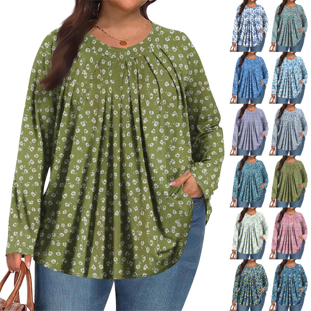 Dámská móda plus size Tištěný ležérní plisovaný top s kulatým výstřihem a dlouhým rukávem