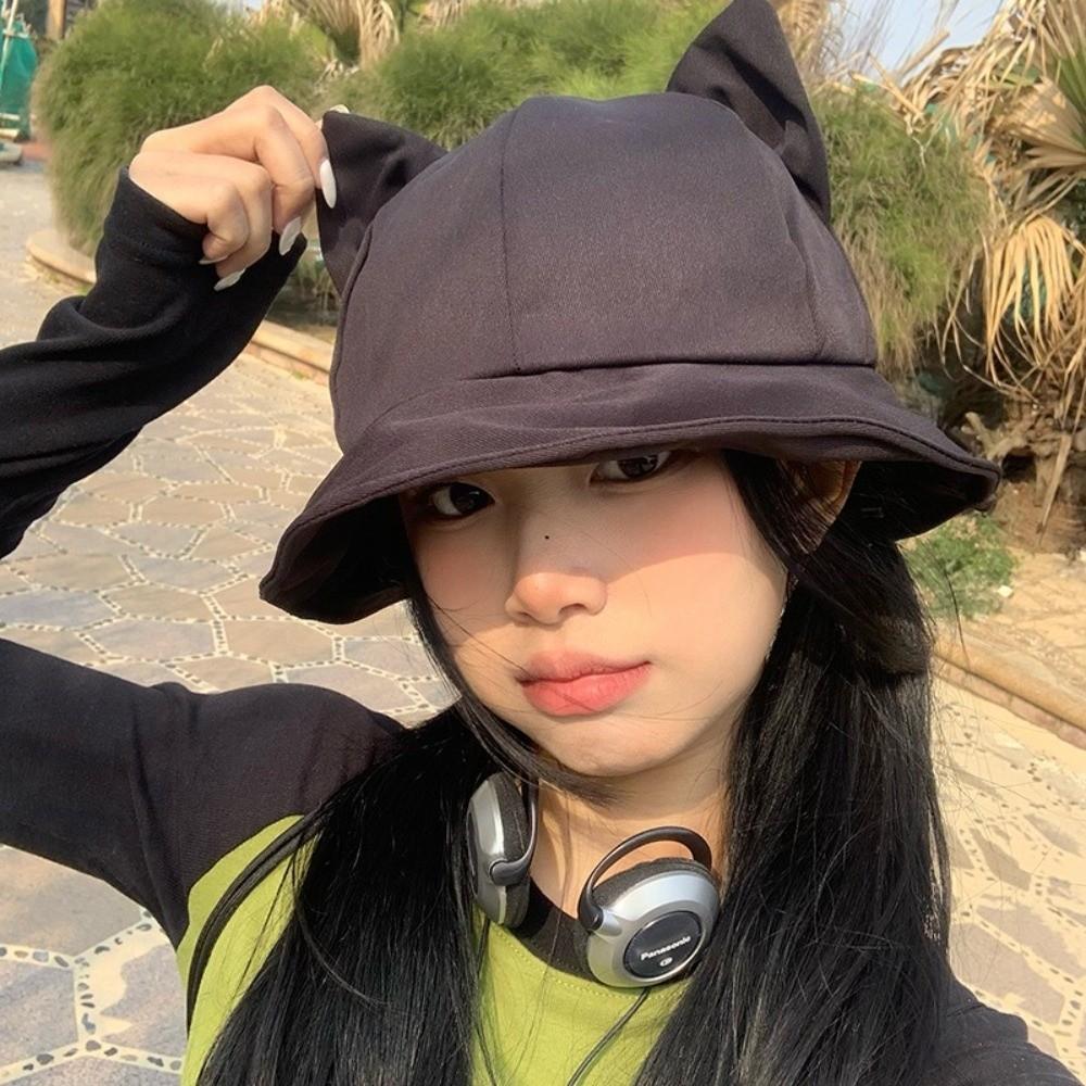 Comfortable Home Life Women's Khaki Casual Anti-Uv Cat's Ears Bucket Hat Sunscreen Foldable Wide Brim Hat Wide Brim Fisherman Hat Daily Wear