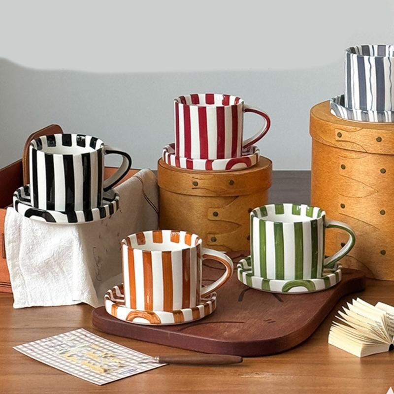 Cup Coffee Striped And Ceramic Saucer Set 5inch Elegant Pattern For Daily Beverages Ergonomic Grip Designs