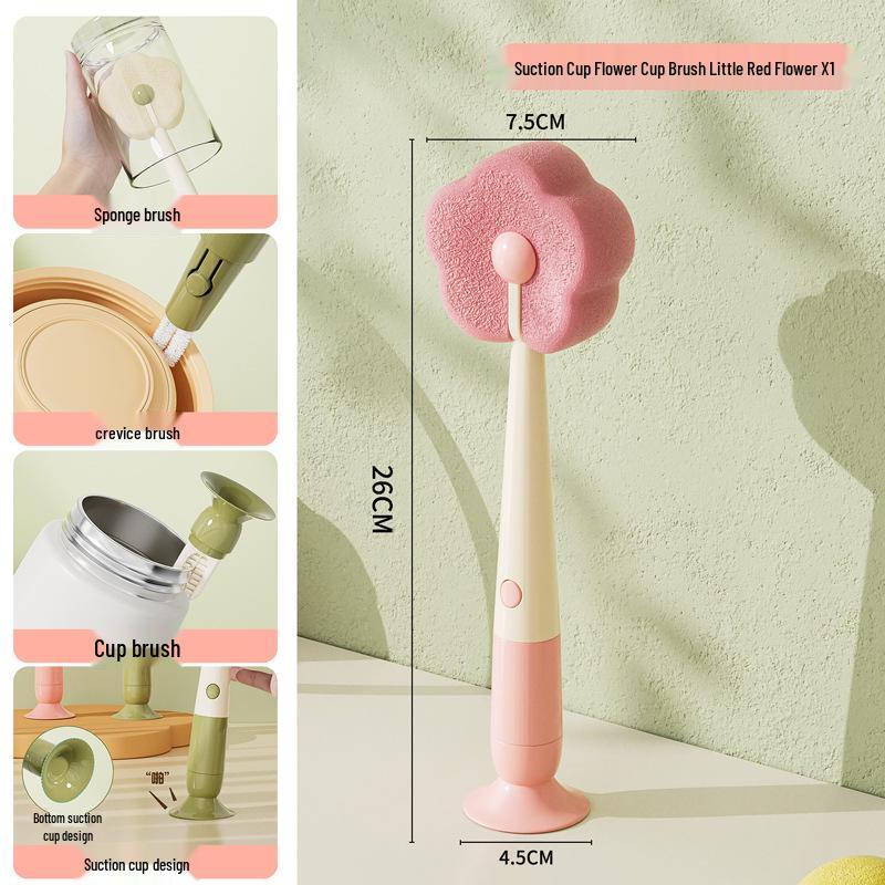 Suction Cup Long Handle Multifunctional Bottle & Cup Cleaning Brush with Sponge