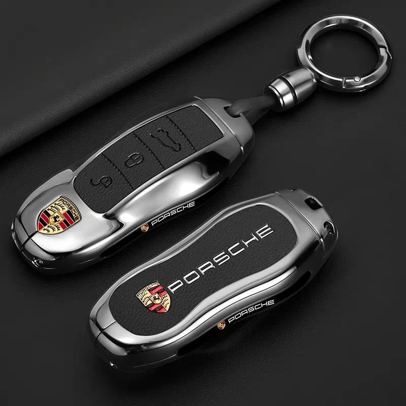 Zinc Alloy Leather Car Key Case Full Cover Protector For Porsche Cayenne Panamera Macan Cayman 718 911 Taycan Accessory Sticker EFD1