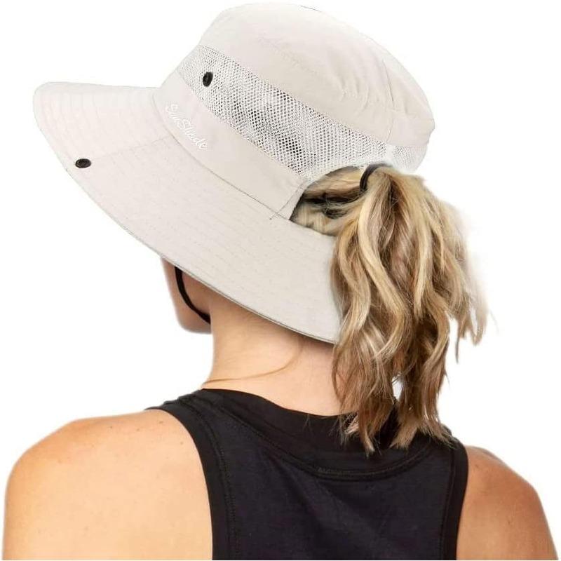 1pc Women's Outdoor UV-Protection-Foldable Sun-Hats Mesh Wide-Brim Beach Fishing Hat with Ponytail-Hole for Outdoor Activities