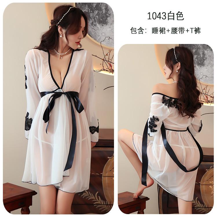 

Сексуальное нижнее белье японский принт шифон кимоно страсть униформа костюм халат кровать женский One Size (80-62.5 kg) белый