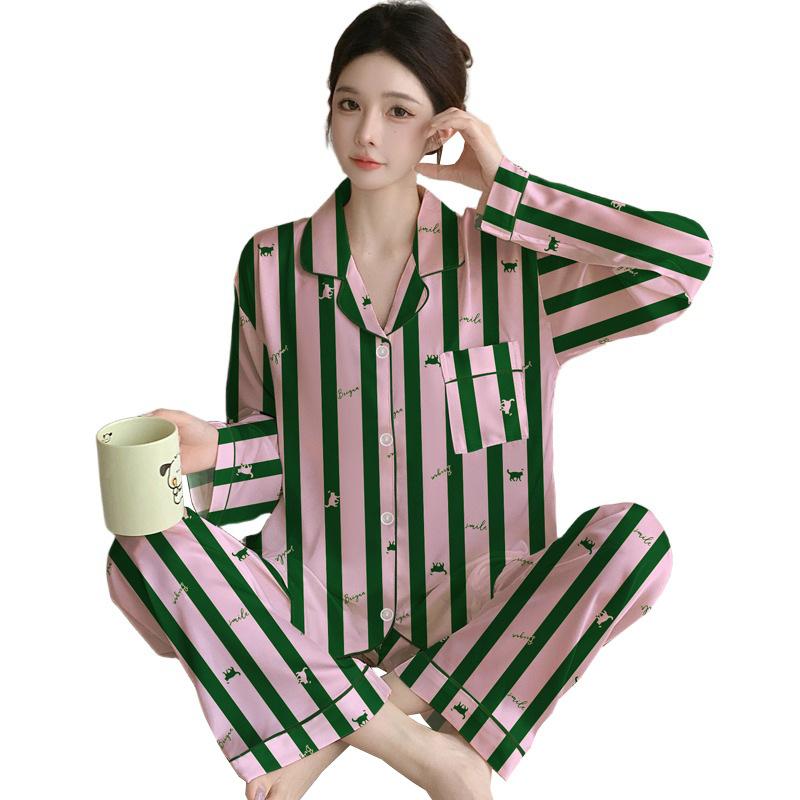 Fashion Ice Silk Thin Pajamas Women'S Spring High-End Silk Striped Cartoon Loungewear Long-Sleeved Two-Piece Set