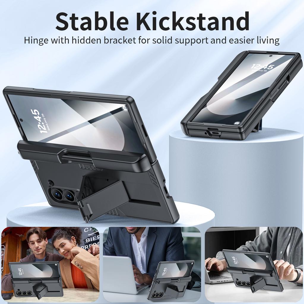 for Samsung Galaxy Z Fold 6 Phone Case With S Pen Holder, Hidden Stand, Screen Protector, Sturdy Shockproof Protective Case-Black