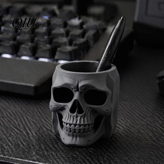 Small Sundries Storage Container Skull Shape Pen Holder, Large Capacity Desktop Organizer, Matte Personalized Dark Office Decor Finish PLA Cup