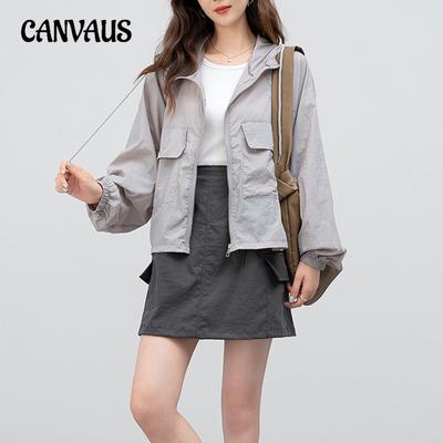 Spring and Autumn Women's Zipper Hooded Loose Solid Color Long Sleeve Sun Protection Jacket