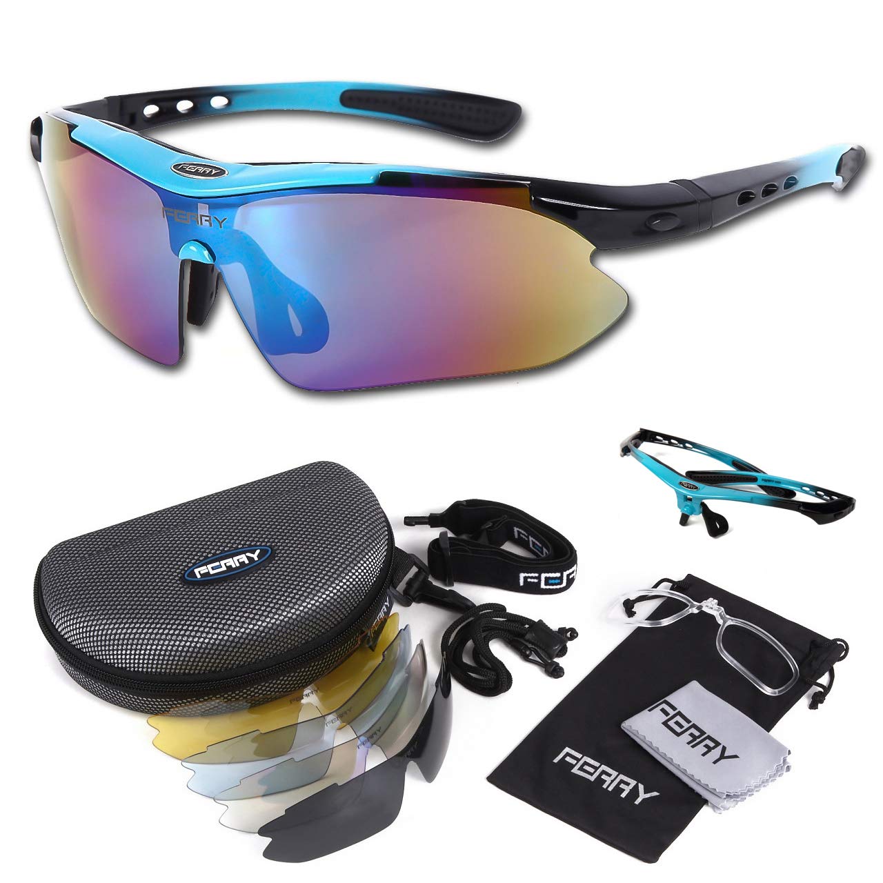 

FERRY Polarized Sports Sunglasses, Full Set of 5 Replacement Lenses, Unisex, Neon Blue/Black