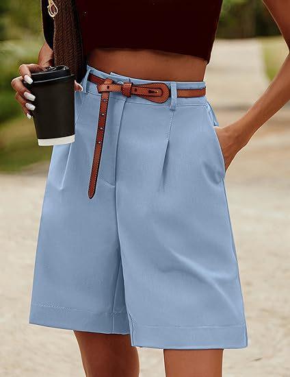 

Летние женские шорты эластичные с высокой талией, свободные боковые карманы, прямые выше колена, мягкие однотонные дышащие повседневные повседневные деловые офисные шорты XL темно-синий