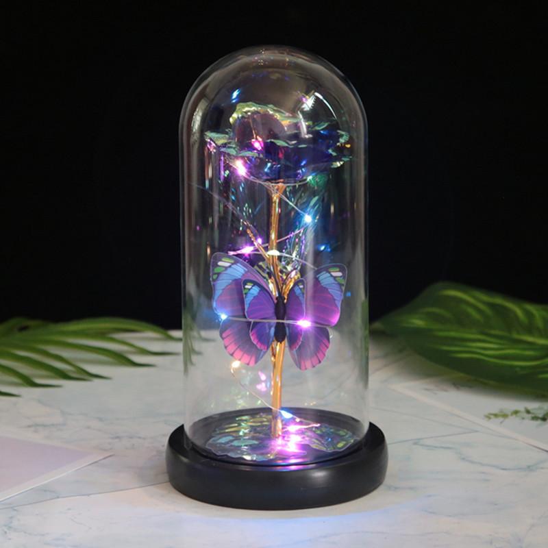 Butterfly Glass Cover Rose Ornament, Mother's Day Valentine's Day Creative Gift Gold Foil Flower LED Night Light