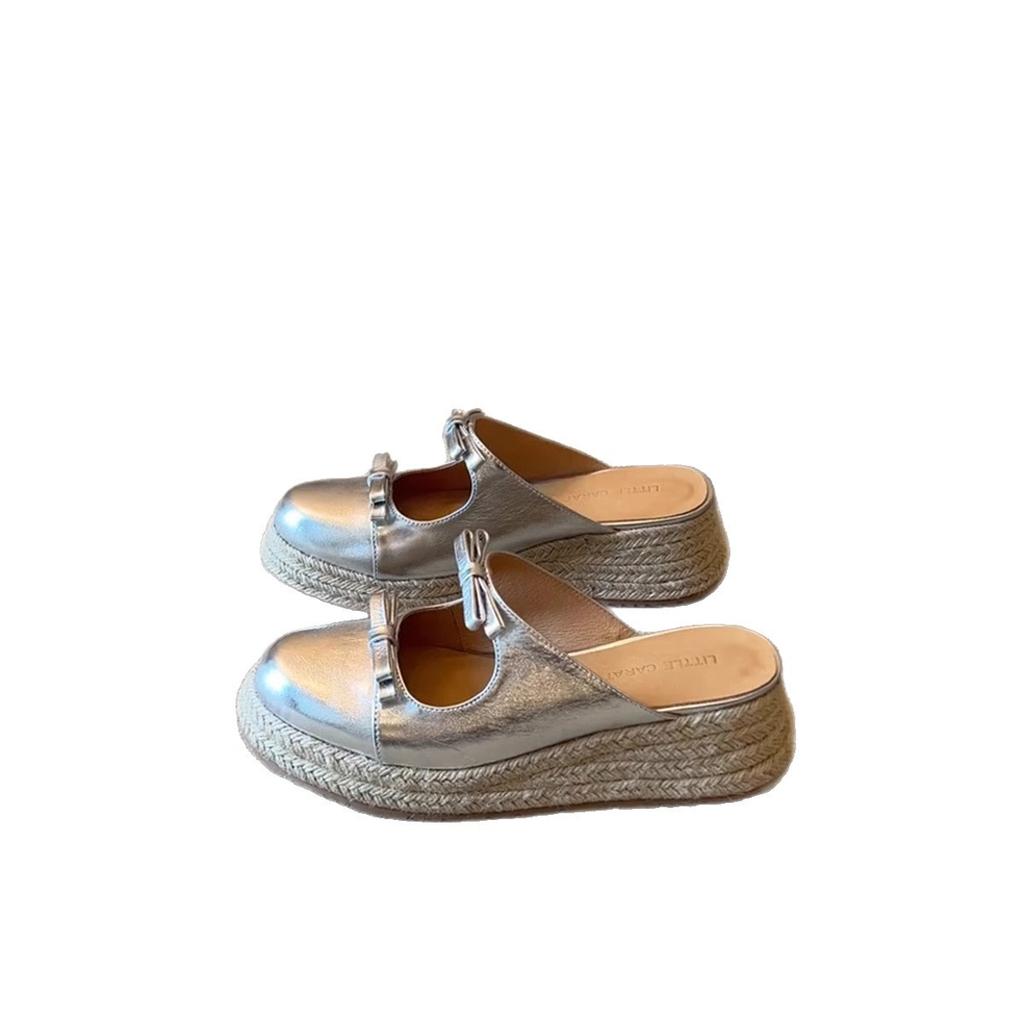 Keilabsatz Taschenkopf Halbschuhe Damen 2025 neu Sommer Schleife Ein-Pedal Halb-Pantoletten Sandalen Stroh Fischer Schuhe