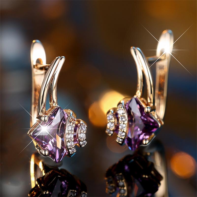 1 Pair Golden Color Square Cut Purple Stone Drop Earrings Valentine's Day Jewelry Gifts