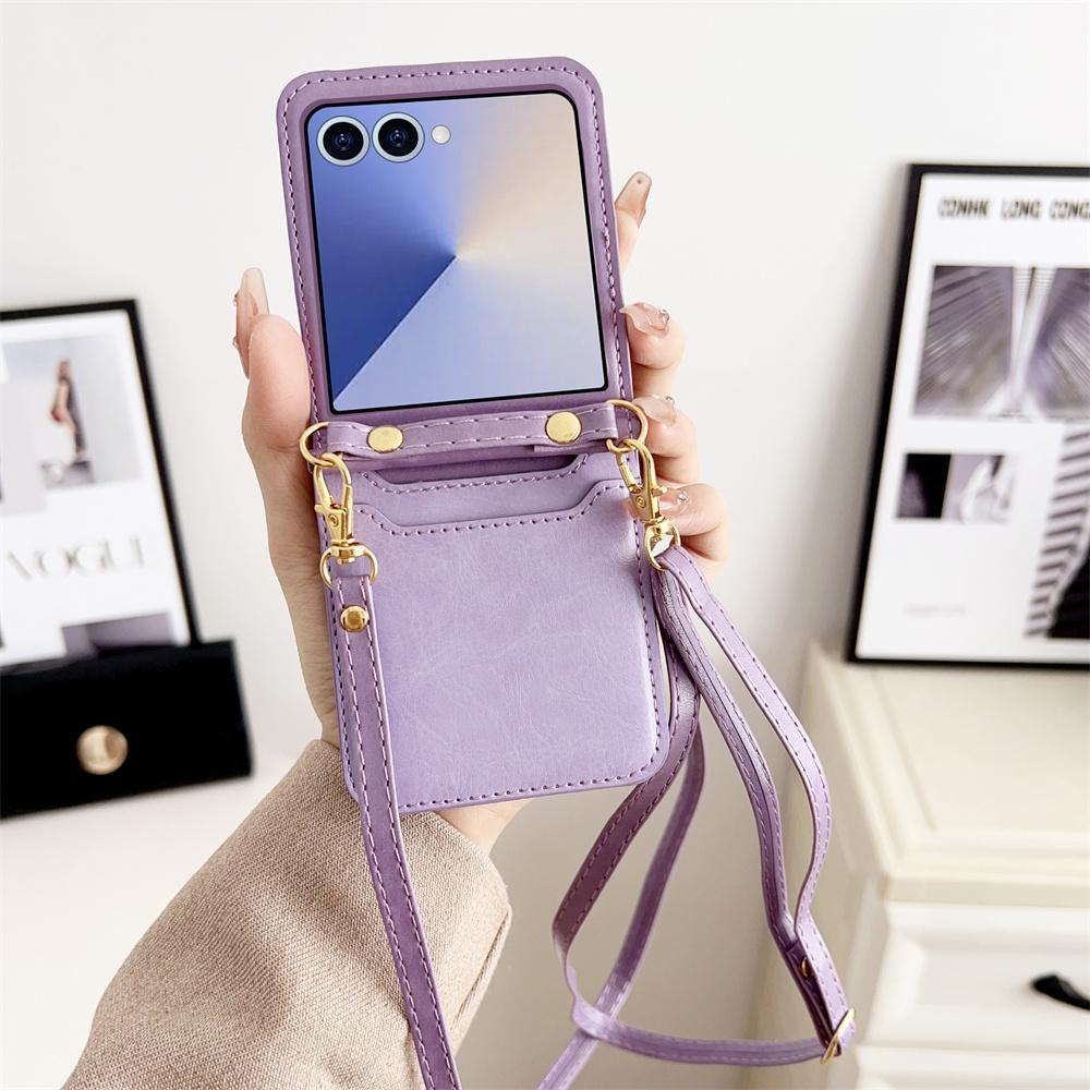 Crossbody Cards Solt Wallet Leather Phone Case for Samsung Galaxy Z Flip 7 FE 6 5 4 Flip6 Flip7 Hand Strap Lanyard Pocket Cover