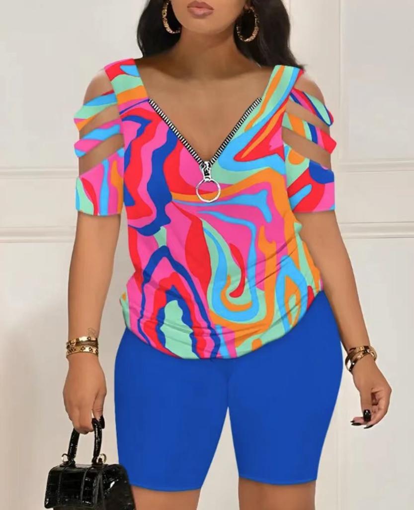 Sommermodischer 2-teiliger Anzug mit bedruckten T-Shirts und kurzen Hosen, lässige Outfits für Damen in Übergröße