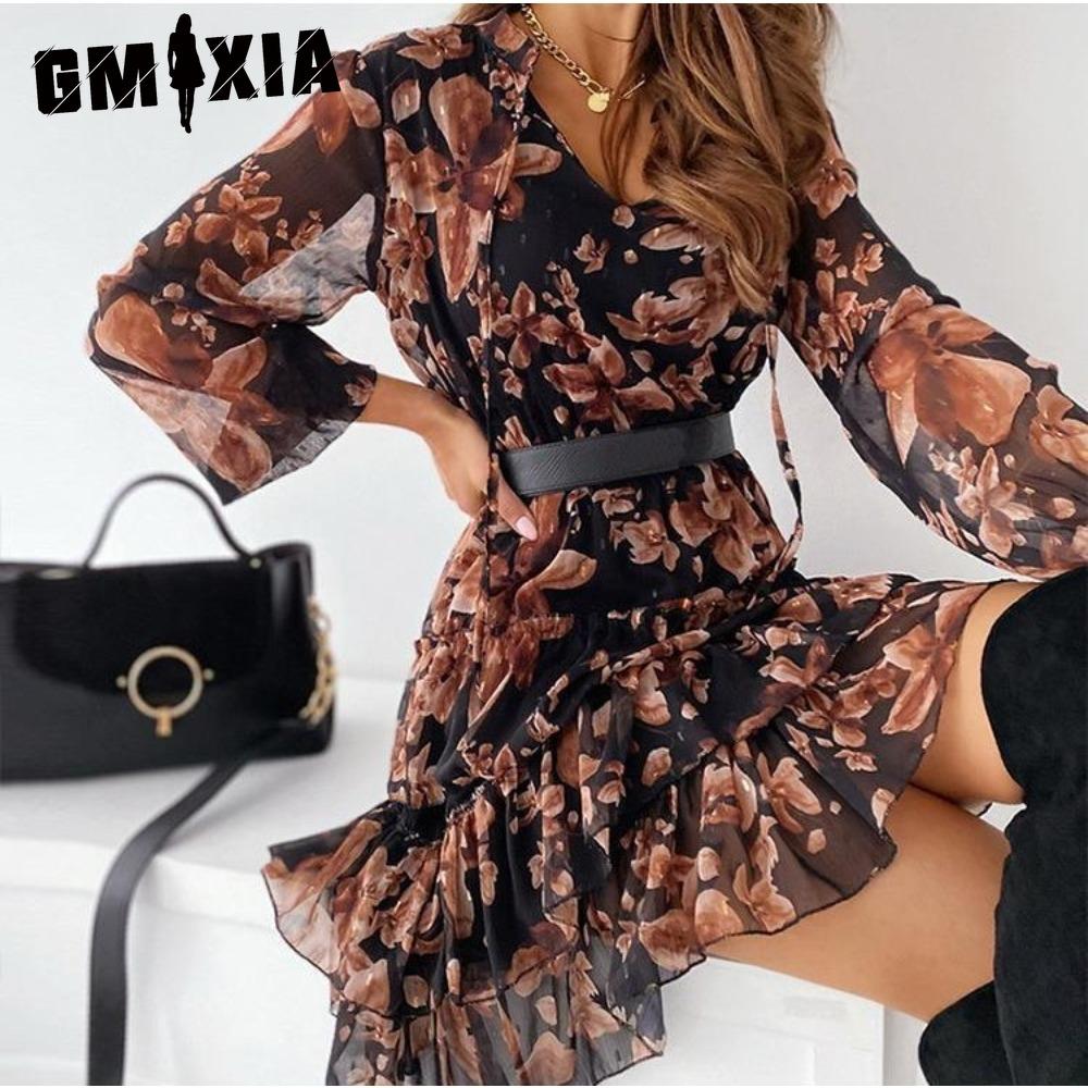 GMXIA Women Summer Chiffon Floral Print V Neck Long Sleeve Slim Fit Flouncing Dress