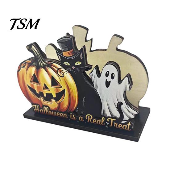 Solid Wood Tissue Holder Halloween Wooden Napkin Holder, Cute Pastel Pumpkin Ghost Black Cat Tabletop Dispenser, Waterproof Decorative Paper