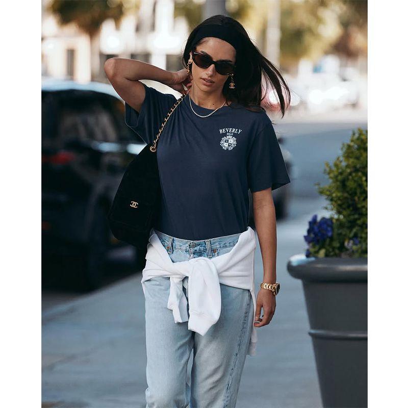 American vintage Niche Style Beverly Hills Beverly Hills Totem Pure Cotton Shoulder Short sleeve T-shirt Women