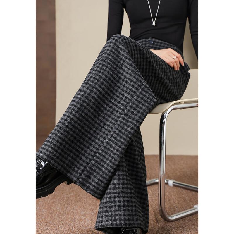 Demana Women's Warm High-Waist Pleated Plaid Wide-Leg Trousers