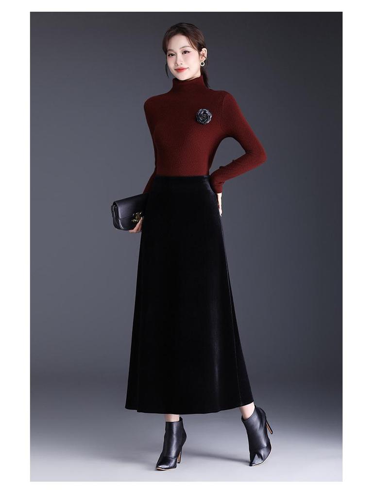 Golden Velvet A-line Skirt, Winter 2025, Elegant Korean Style, High-Waisted, Mid-Length, Slimming, Large Hem.