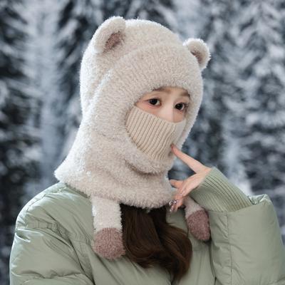 Autumn and Winter Hat Women's Bear Ears Cute Velvet Thermal Hat Scarf Integrated Ear Protection Windproof Pullover Hat