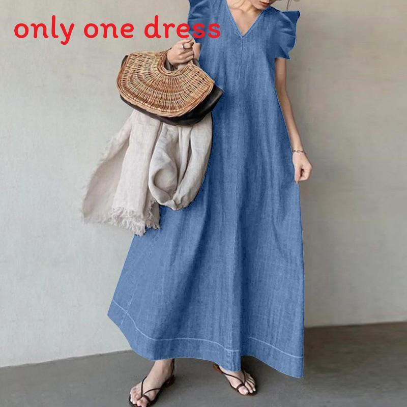 Bohemian Denim Dress With Pockets And V Neck For Summer Casual Wear