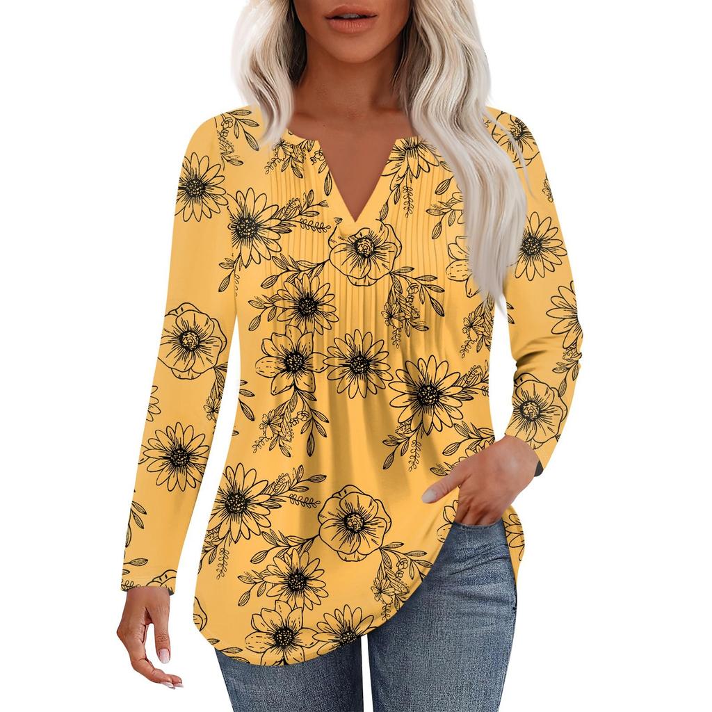 Damska Moda Casual Plisowana Koszulka z Dekoltem V w Jednolitym Kolorze z Długim Rękawem Eleganckie Bluzki