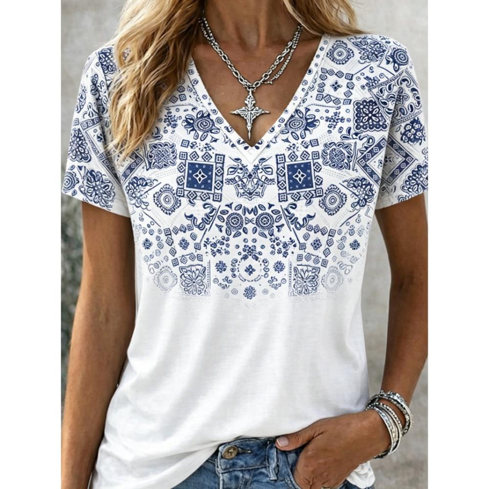 Damen Boho Bandana-Print V-Ausschnitt T-Shirt, Lässige Kurzarm-Tops, Ethnischer Stil Tägliche Kleidung für Frühling & Sommer
