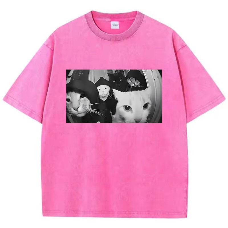 Trendy T Shirt Vintage Washed Cotton T-Shirt Streetwear Smoking Cat Graphic Tee Casual Streetwear Spring Summer